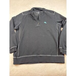 Tommy Bahama Mens Large Black Ribbed Quarter Zip Pullover Marlin Logo Sweater
